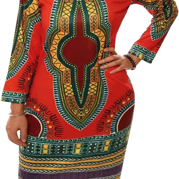 Women's Ethnic Bodycon Midi Dress Bohemian Vintage Club with Pockets - Picture 1 of 3